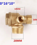 Heavy Duty 3 Port Brass Air Compressor Check Valve For Garage And Workshop Use Tough As Nails Pneumatic Replacement Part with measurements 20mm, 16mm, 10mm.