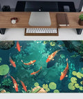 Blue Waters Desk Pad For Gaming And Work on desk setup with keyboard and monitor, featuring koi fish design, 31.5x15.7 inches.