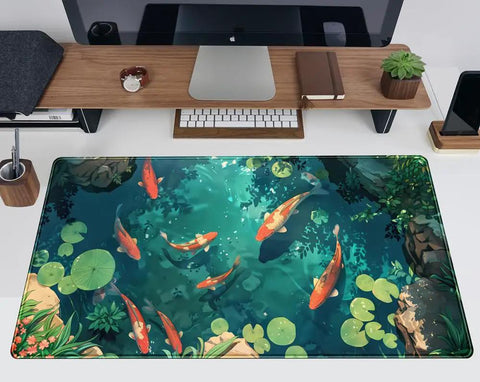 Blue Waters Desk Pad For Gaming And Work on desk setup with keyboard and monitor, featuring koi fish design, 31.5x15.7 inches.