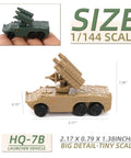 1/144 Scale Military Model Kit 4 Pack Featuring HQ 7B Anti Aircraft Missile Launcher And Radar Vehicles For Easy Assembly Diorama Hobby Build Realistic Detail For Collectors showing HQ-7B launcher vehicle dimensions.