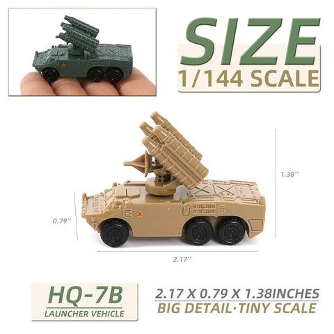 1/144 Scale Military Model Kit 4 Pack Featuring HQ 7B Anti Aircraft Missile Launcher And Radar Vehicles For Easy Assembly Diorama Hobby Build Realistic Detail For Collectors showing HQ-7B launcher vehicle dimensions.