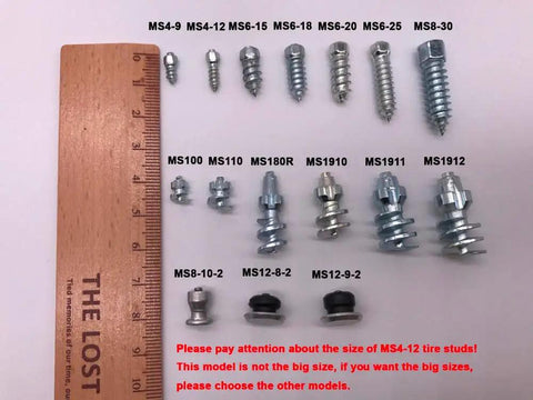 Tough As Nails 12mm Carbide Tire Studs and Snow Spikes showing various sizes of tire studs for winter traction.