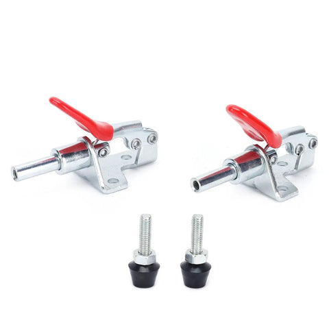 Hardcore Toggle Clamp With 400 Lb Holding Capacity And Quick Release Lever for woodworking. Metal clamps with red lever.