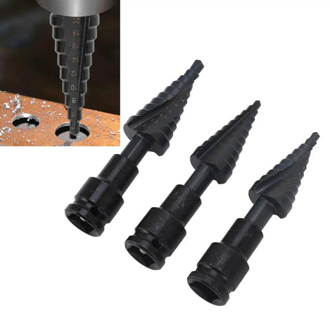 Heavy Duty 3 Piece Step Drill Bit Kit With Woodworking Power For Metal And Plastic Fast Cutting Spiral Flutes Hex Shank Tool Set To Crush Any Job, 3 bits