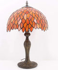 Stained Glass Tiffany Style Table Lamp With Red Wisteria Design, 12 Inch Shade, 18 Inch Tall, Antique Green Bronze Base