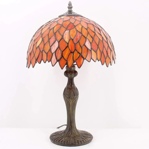 Stained Glass Tiffany Style Table Lamp With Red Wisteria Design, 12 Inch Shade, 18 Inch Tall, Antique Green Bronze Base
