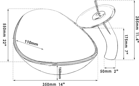 Diagram of Slick 22 Inch Clear Glass Vessel Sink For Bathroom Oval Above Counter Bowl with size measurements and faucet outline.