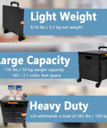 Composite view of a black foldable plastic utility cart with four wheels, orange latches, and a telescoping handle.