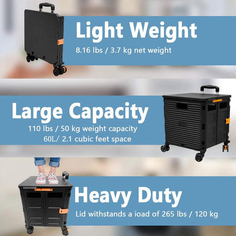 Composite view of a black foldable plastic utility cart with four wheels, orange latches, and a telescoping handle.