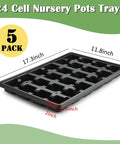 Heavy Duty Reusable Nursery Pot Tray Set Workhorse 5 Pack 24 Cell Seed Starter Trays For 2.8 Inch Pots BPA Free Durable Plastic With Drain Holes For Easy Seedling Setup And Transplanting displayed with dimensions.