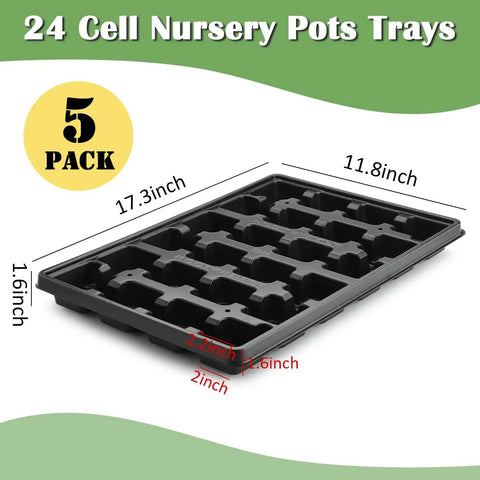 Heavy Duty Reusable Nursery Pot Tray Set Workhorse 5 Pack 24 Cell Seed Starter Trays For 2.8 Inch Pots BPA Free Durable Plastic With Drain Holes For Easy Seedling Setup And Transplanting displayed with dimensions.