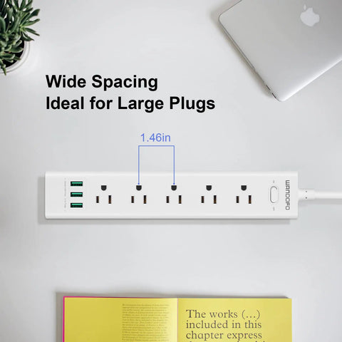Two Prong To Three Prong Power Strip With Five Outlets And Three USB Ports Five Foot Extension Cord Surge Protector Up To 1625W Polarized Grounded Outlet Converter Wall Mountable Black shown with wide spacing and planted on a white surface with books and laptop in view