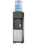 Top Loading Hot And Cold Water Dispenser For 3 Or 5 Gallon Bottles With Kid Safe Lock Ideal Office Or Home Water Cooler For Instant Hot Or Cold Water Anytime, black and silver unit with bottle on top