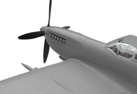 Close-up of 1/48 Scale Supermarine Spitfire Mk IXe Plastic Model Kit X5144 unpainted airplane model with slide mold engine cowl