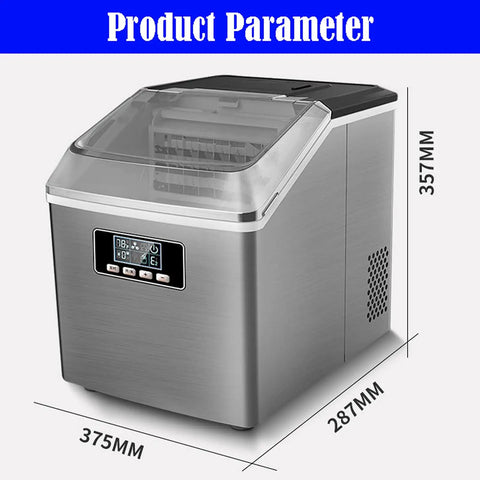 Portable Countertop Ice Maker Offers No Sweat Auto Cleaning And Straightforward Setup While Churning Out Rapid Ice Cubes Plus Whisper Quiet Runtime For Kitchen Home Or Bar Spaces, showing dimensions and sleek stainless steel design.