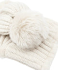 Close-up of Cozy Fleece Lined Double Layer Balaclava Beanie Set with pompom in white for winter skiing and snowboarding.