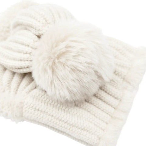Close-up of Cozy Fleece Lined Double Layer Balaclava Beanie Set with pompom in white for winter skiing and snowboarding.