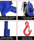 Image showing features of Heavy Duty Manual Crane Workhorse with strong base, rotating wheel, adjustable gears, and stable hook.