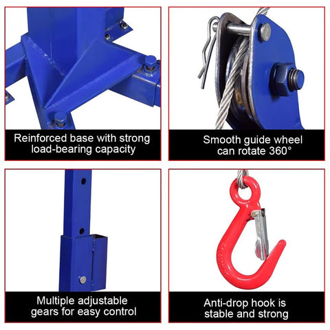 Image showing features of Heavy Duty Manual Crane Workhorse with strong base, rotating wheel, adjustable gears, and stable hook.