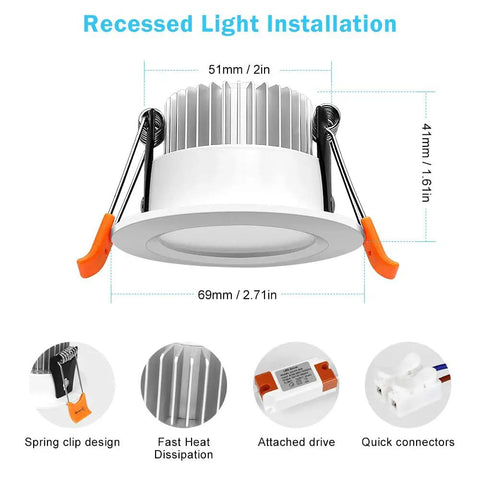 Installation details of 2 Inch Smart LED Recessed Light Kit With 5W RGB Color Changing And CCT 2700K To 6500K, Aluminum construction, 6 pack
