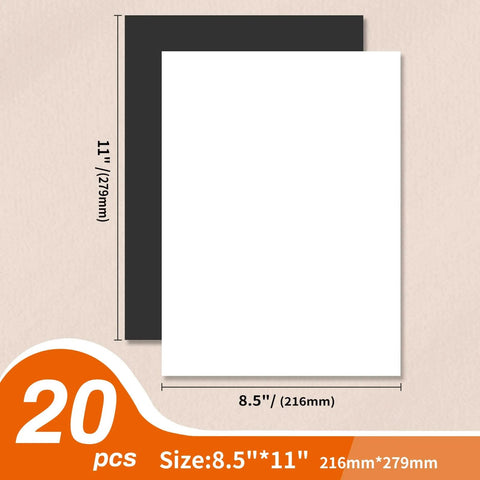 Magnetic Sheets 8.5 By 11 Inches, 20 Pack With Adhesive Backing for DIY crafts, black and white sheets, size details shown