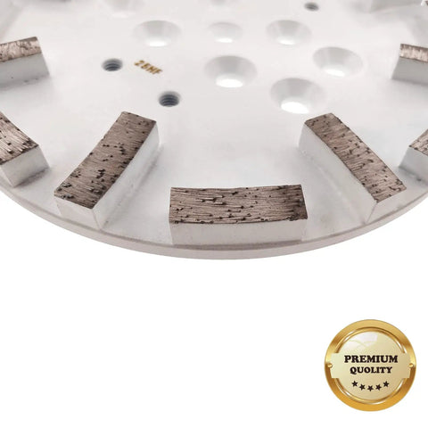 Close-up of 10 Inch Concrete Diamond Grinding Head Disc Plate with 25 Grit Curved Rectangle Segments.