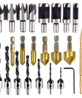 Rocaris 23-piece woodworking drill bit and plug cutter set with hex-shank countersinks and L-wrench
