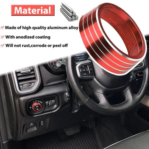 Dodge RAM Red Headlight Switch Knob Cover With Aluminum Alloy Ring Trim For 2018 Through 2025 Interior Customization Premium