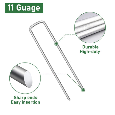 Image of Heavy Duty 6 Inch Landscape Staples 25 Pack, 11 Gauge Galvanized U Shaped Pins with sharp ends and durable material.