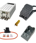 Soft Start Soft Stop DC Motor Speed Controller Kit With Variable Pedal Braking Resistor And Fuse For Power Wheels Upgrades And Ride On Toys PWM 2 0B Compatible Module Plug And Play components displayed, including controller, pedal, resistor, fuse, and mount.
