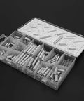 Super Duper 200pc Assortment Metal Extension And Compression Spring Kit For Repairs, DIY Projects, Appliances And Vehicles Featuring Galvanized Steel Build For Serious Durability And High Resilience. Open plastic case with galvanized steel springs.