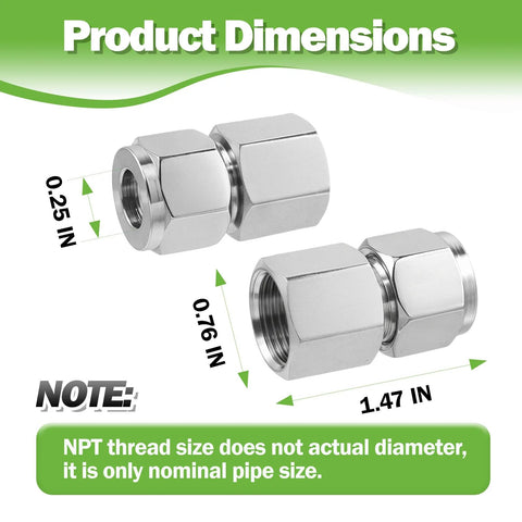 Two stainless steel 304 compression fittings, 1/4" OD x 1/4" NPT female, double ferrule, pack of 2.