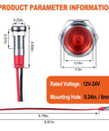 Red LED Indicator Lights 12V To 24V Energy Saving 6mm Metal Waterproof Wide Flat Head Pilot Dash Signal Lamps dimensions