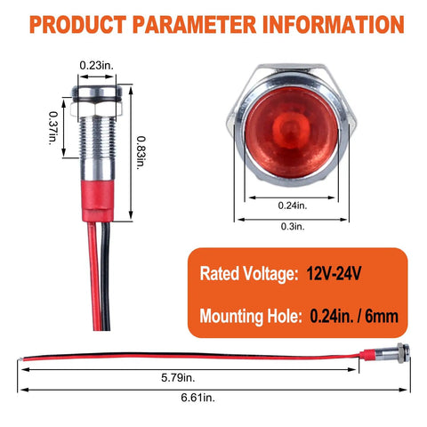 Red LED Indicator Lights 12V To 24V Energy Saving 6mm Metal Waterproof Wide Flat Head Pilot Dash Signal Lamps dimensions