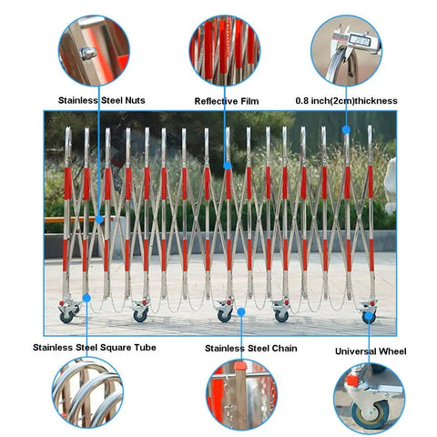 Built Different Stainless Steel Retractable Crowd Control Fence With Fast Roll Wheels Heavy Duty Expandable Mobile Safety Barrier Gate For Construction Zones Now showing reflective film and stainless steel components.