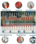 Heavy Duty Stainless Steel Retractable Fence Mobile Safety Barrier Gate With Quick Roll Wheels showing reflective film and stainless steel details.