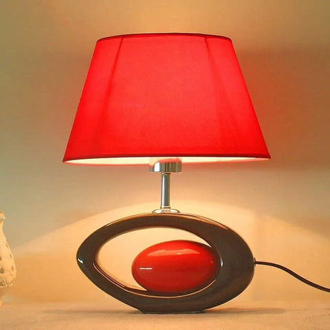 Red And Black Ceramic Table Lamp With Oval Body And Red Lampshade, E27 Desk Light For Living Room And Bedroom