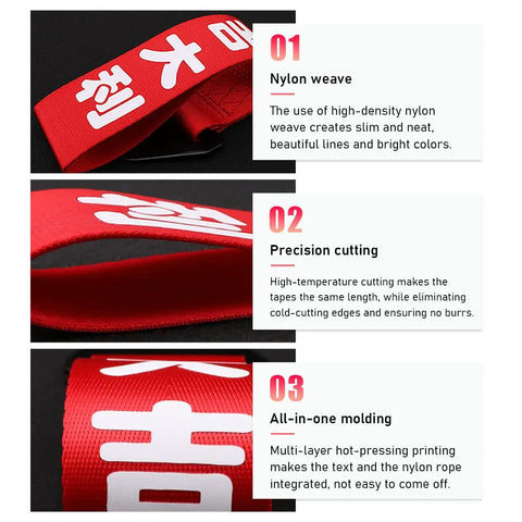 Universal Jdm Car Tow Strap And Racing Trailer Belt With Bold Slogan Graphics, highlighting nylon weave and precision cutting.