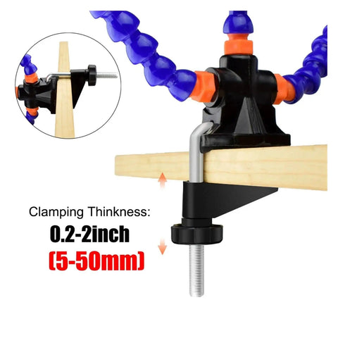 Helping Hands Soldering Tool With Flexible Gooseneck Arms clamped to table edge, demonstrating clamping thickness capability.