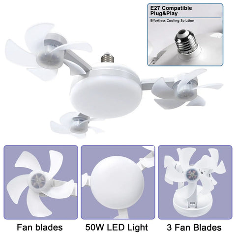 Socket Fan Light With Remote And Dimmable Led Screw In Ceiling Fan Offering Three Slick Speeds Effortless Twist On Installation For Bedrooms Kitchens Or Dens Total Heat Beater That Cools Rooms Like A Boss showing three fan blades and a 50W LED light.