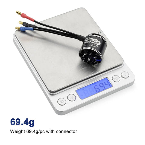 D2830EVO 1000KV RC Brushless Motor 2212 on digital scale showing weight 69.4g, for UAV Aircraft RC Planes Fixed Wing Helicopters