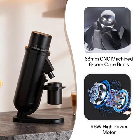 Top Tier Electric Single Dose Coffee Grinder With 63mm Conical Burrs And Zero Sixty Five Step Adjustments For Bang For Your Buck Precision and Hassle Free Espresso Shots At Home Daily on a countertop.