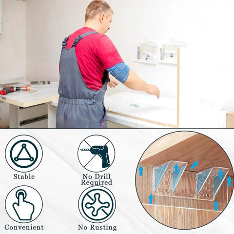 Twelve Piece Heavy Duty Self Adhesive Shelf Brackets Built Tough To Hold A Ton Of Weight With Zero Drilling Required And Easy Install For Kitchen Cabinets And Closets, showing installation process.