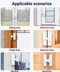 Heavy Duty Zinc Alloy Door Latch With 90 And 180 Degree Swivel Mount Featuring A Rock Solid Dual Mode Rotating Lock In Crisp White Finish on various doors.
