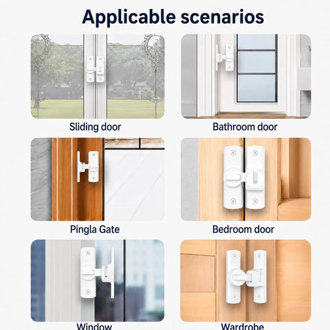 Heavy Duty Zinc Alloy Door Latch With 90 And 180 Degree Swivel Mount Featuring A Rock Solid Dual Mode Rotating Lock In Crisp White Finish on various doors.