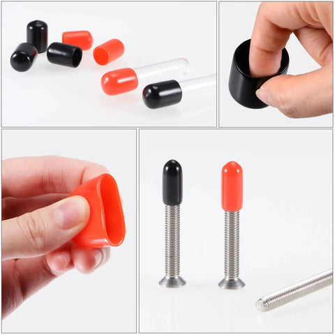 Super Cool 500 Piece Round Rubber End Caps Kit For Protecting Threads And Rods With 3 Sizes Including 3/32 Inch 1/8 Inch And 5/32 Inch Plus 1/4 Inch Black Plugs That Keep Dust Out And Prevent Damage To Your Gear In A Big Way, black and red rubber caps on threaded rods
