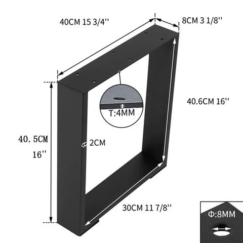 Diagram of Beefy 16 Inch DIY Modern Square Coffee Table Legs Set with measurements, black glossy finish, heavy duty steel.
