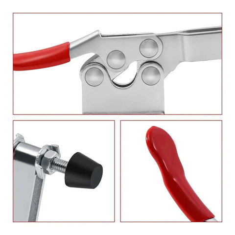 Close-up of Beefy Toggle Clamp Set 2 4 8Pcs showing metal hinge, rubber stopper, and red handle grip detail