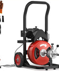 Heavy Duty Electric Drain Auger Sewer Snake Powering Through Blockages Effortlessly With No Sweat Auto Feed Smooth Rolling Cart One Half Inch Line and accessories.