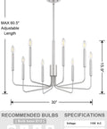 8 Light Rustic Industrial Chandeliers With Brushed Nickel Finish for dining and living areas, candle-style, metal build